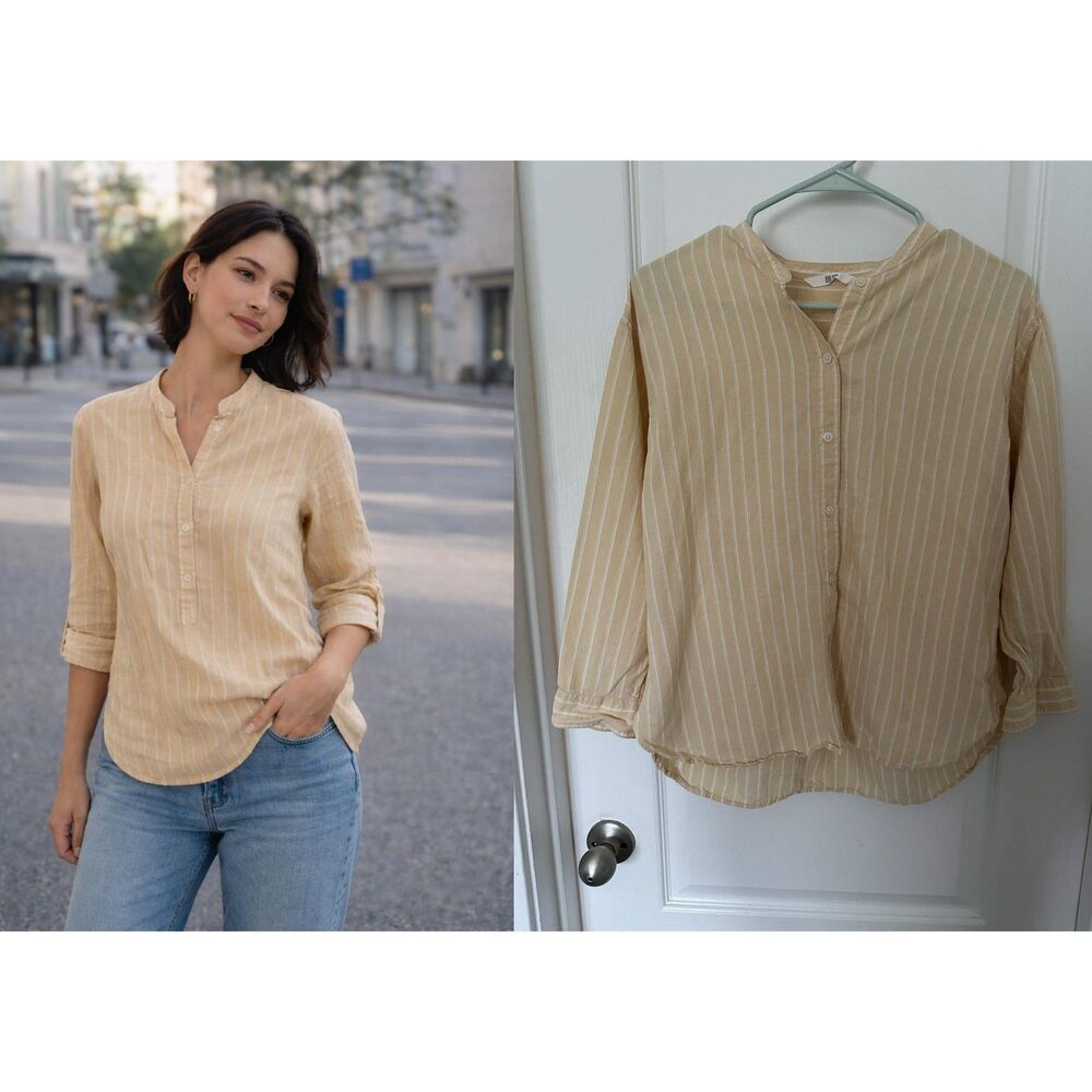 UNIQLO Linen Blend Striped Blouse Beige Band Collar Long Sleeve Women's Small